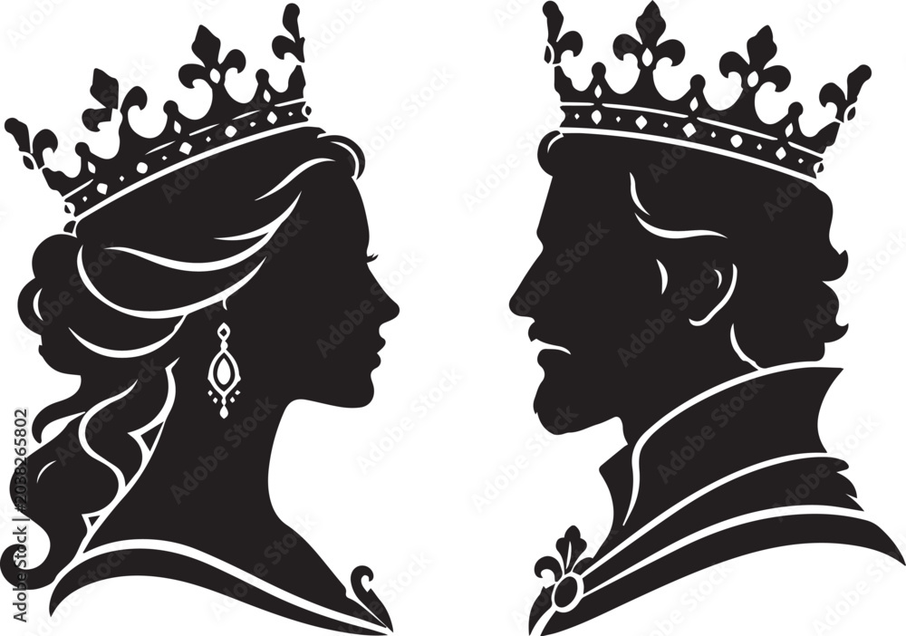 Fototapeta premium Elegant King and Queen Silhouette Vector Illustration Featuring Royal Profile Portraits with Ornate Crowns and Majestic Details for Luxury Branding, Wedding Invitations, and Noble Themes.
