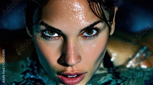 A close-up photograph of a beautiful, meticulously made-up model with black hair swimming in a pool.
