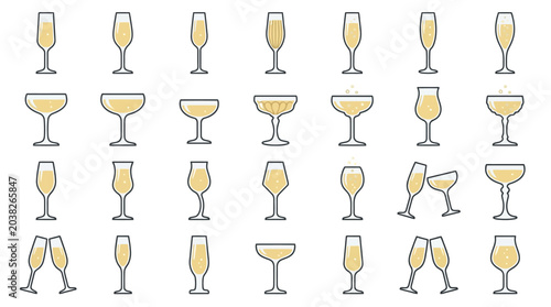 Set of diverse champagne glasses with sparkling wine for celebration