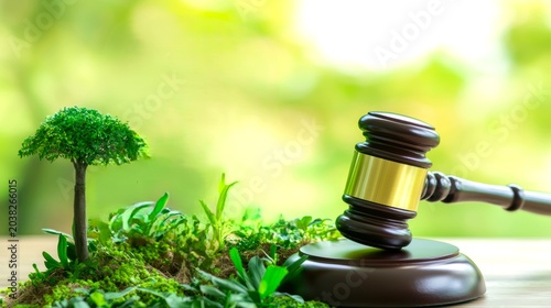 The judge's gavel rests on the table, and green trees and grass are nearby, suggesting the ruling will likely involve environmental issues.