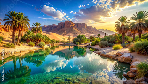 A stunning desert oasis with a crystal-clear lake reflecting palm trees and a vibrant sky, surrounded by sand dunes and majestic mountains at sunset.