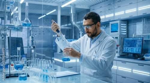 Scientist Conducting Experiment in Modern Laboratory with Blue Liquid