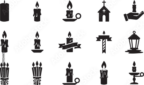 Obraz na płótnie Professional Candle Vector Icon Set Featuring Melting Wax, Church Building, Lantern, and Hand Holding Light for Spiritual, Religious, Memorial, and Ceremonial Graphic Design Templates
