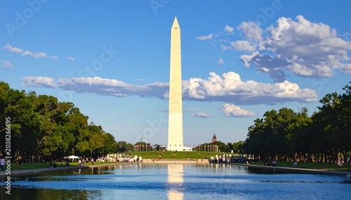 A tall, white obelisk rises above a reflecting pool with fluffy clouds in the sunny sky. Green trees flank the scene