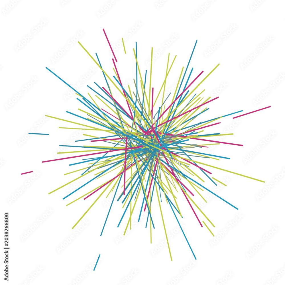 Fototapeta premium Abstract explosion of colorful lines radiating from a central point, representing energy, data, or chaos