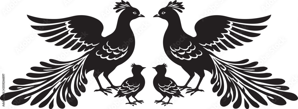 Fototapeta premium Decorative Bird Family Vector Illustration - Ornate Symmetrical Peacock Silhouette for Wall Decal, Laser Cut Art, and Tribal Folk Design - Elegant Black and White Mythical Bird Graphic.