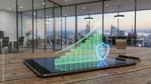 Digital Growth Chart with Security Shield Over Tablet in Modern Office