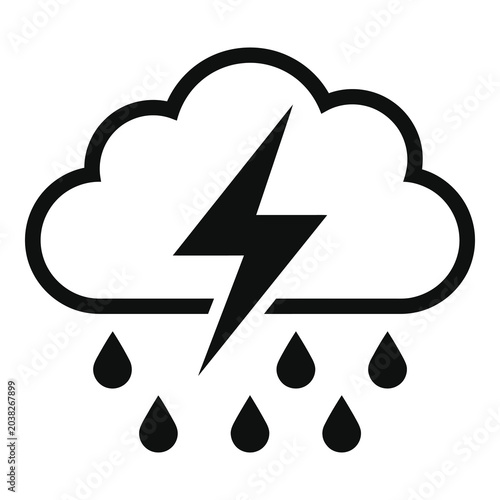 Weather icon of cloud with lightning bolt and raindrops falling icon