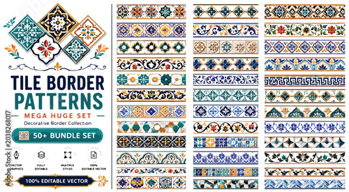 Quadro su tela Mediterranean Tile Border Patterns Mega Huge Set, 50+ Decorative Border Collecti