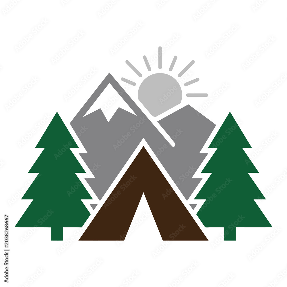 Fototapeta premium Camping in mountains with trees and sunny weather outdoor scene icon