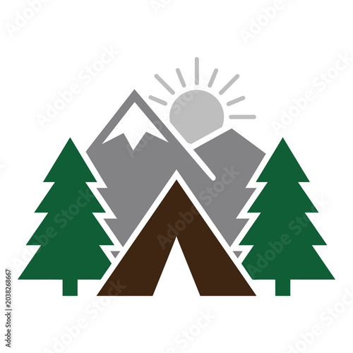 Camping in mountains with trees and sunny weather outdoor scene icon