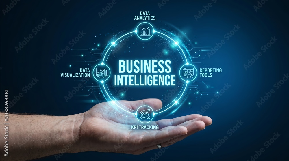 Obraz premium Business intelligence concept with hand holding glowing blue circle and data analytics icons on dark background