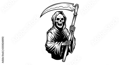 Fotografie Grim Reaper With Scythe, Symbol of Death, Black and White Illustration
