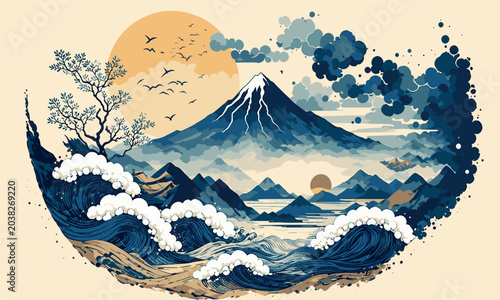 Foto Japanese Style Vector Illustration of Mount Fuji with Great Ocean Waves and Golden Sun in a Circular Design