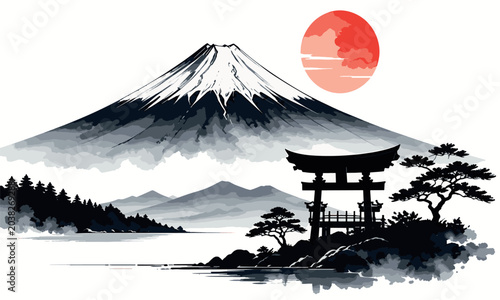 Canvastavla Traditional Japanese Landscape Vector with Mount Fuji, Torii Gate, and Red Sun i