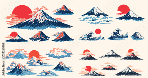Foto Japanese Mount Fuji Vector Illustration Set featuring Snow Capped Volcano Peak, Red Rising Sun, Great Wave and Aesthetic Clouds in Vintage Ukiyo-e Style for Oriental Asian Art Projects