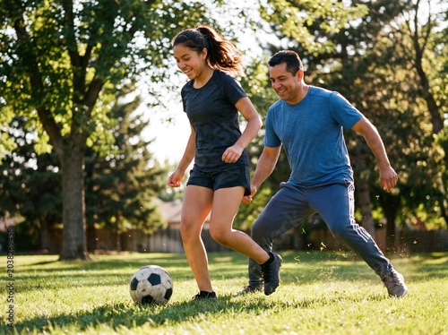 Hispanic Father and Teenage Daughter Playing Soccer in Park - Active Family Lifestyle