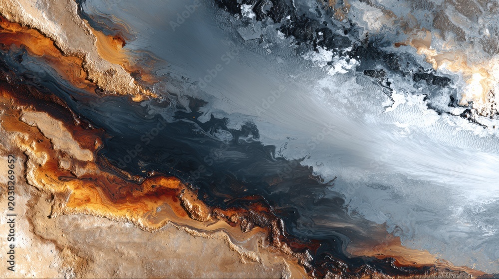 Naklejka premium Crude oil and river water blend in an estuary, highlighting pollution effects as the mixture heads toward the sea, emphasizing environmental concerns.