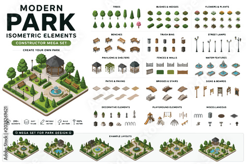 Modern park isometric elements constructor mega set, urban garden landscape design kit with trees and benches, 3D outdoor public space vector