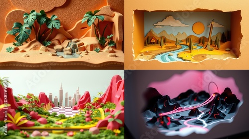Papercraft landscapes depict desert, mountains, city, futuristic scenes. Bright colors, stylized forms create whimsical dioramas.