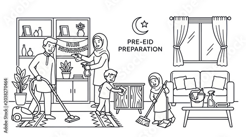 Tableau sur toile Family cleaning house for pre-Eid festivities illustration.