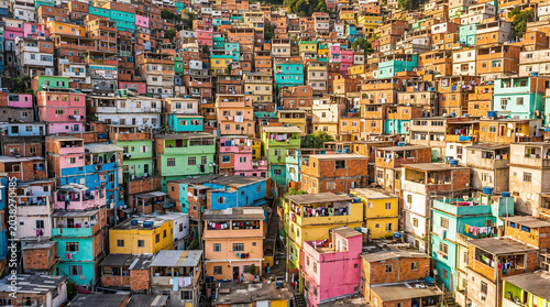 Colorful houses crowded together on a hillside in a favela