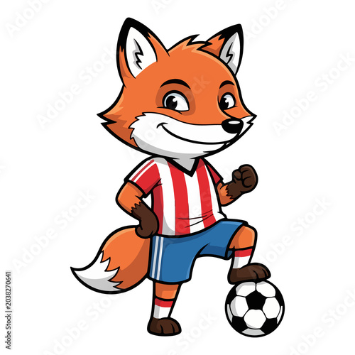 Cartoon fox mascot kicking soccer ball isolated on transparent background