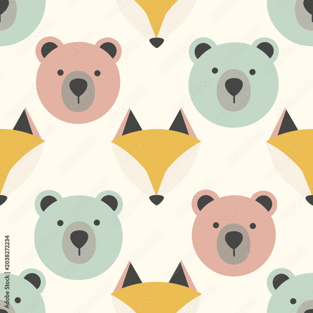 Fototapeta premium Cute seamless pattern with stylized bear and fox faces in pastel colors, perfect for children's decor and fabrics.