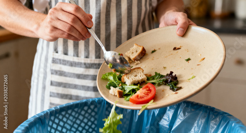 Close-up of a person scraping leftover food from a plate into a kitchen bin, highlighting food waste and sustainable practices