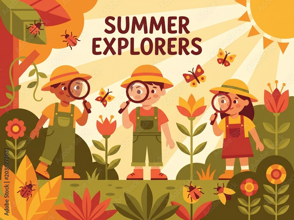 Fototapeta premium Cute Children Exploring Nature with Magnifying Glasses in Summer
