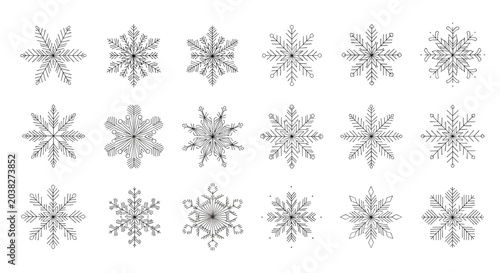 Collection of fifteen unique snowflake designs in fine black lines showing various geometric crystal patterns for winter.
