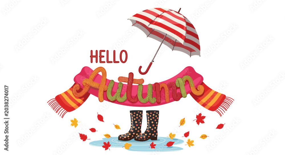 Obraz premium Hello Autumn composition with a red umbrella warm scarf polka dot boots and falling maple leaves in puddles.