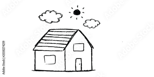 Foto Simple hand drawn sketch of a small house with sun and clouds