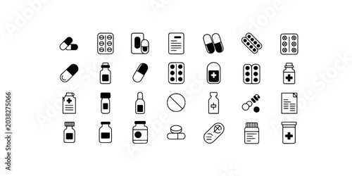 Pill icons set with medical drug symbols and healthcare illustrations featuring medicine, pharmaceutical, capsules with tablets and bottles elements