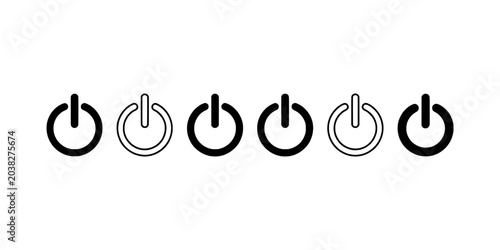 Power button icons set with neon glow line style and on off symbols for user interface design featuring toggle, switch icon, UI symbol with status