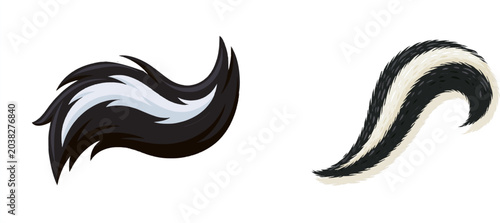 A skunks tail plume from cardboard features a large sweeping curve with a white stripe, black and white cardboard, isolated on white, famous odorous cartoon animal detail, vector ready l5z7pw1 8.1