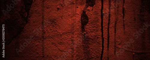 Canvastavla Abstract background of deep red textured wall with black liquid drips, suitable for grunge, horror, or halloweenthemed designs
