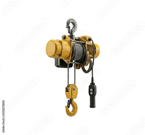 Industrial electric wire rope hoist with remote control, heavy duty yellow crane winch for lifting, professional overhead power hoist machinery isolated on Transparent Background