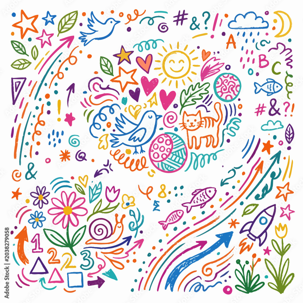 Fototapeta premium Vibrant doodle artwork featuring animals, plants, and objects in a whimsical outdoor setting with technology and travel elements.