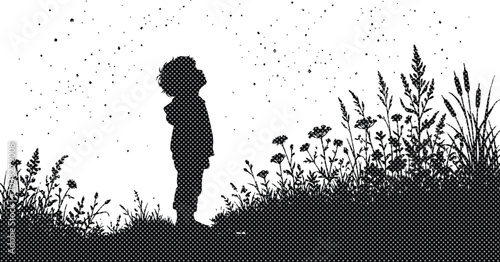 Foto Child looking up at the night sky, a silhouette of a young boy gazing at stars,