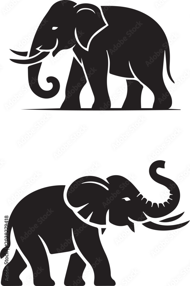 Obraz premium Stylized vector illustrations of majestic elephants, portraying their iconic strength, wisdom, and wild beauty in a graphic design context