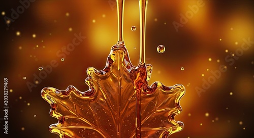 Maple leaf with syrup - golden autumn, maple syrup, fall background, bokeh, Canadian symbol