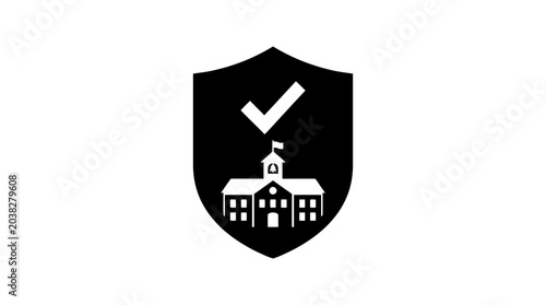 School building protected by a sturdy shield with a checkmark signifies that the educational institution meets all necessary safety standards and regulatory requirements for students.