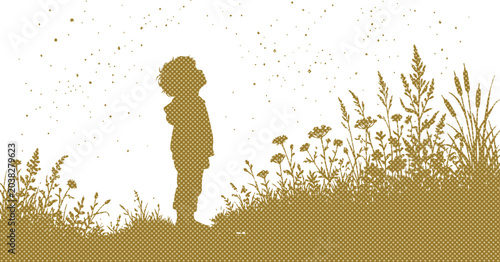 Canvastavla Child silhouette gazing at the sky, a vector illustration of a young boy looking