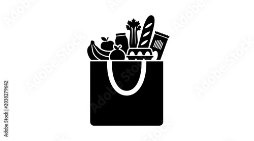 Grocery bag icon filled with fresh food items like bread, fruits, and vegetables represents healthy eating, sustainable shopping, retail consumerism, and daily household nutrition needs.