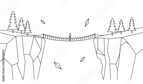 A person standing on a rickety bridge over a deep chasm with trees on either side