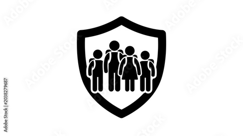 Slika na platnu Family protection symbol displays a group of people standing securely behind a sturdy shield to represent safety, insurance coverage, and the safeguarding of domestic well-being