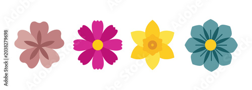 Tableau sur toile Minimalist flower head icon set featuring colorful cherry blossom, cosmos, daffo