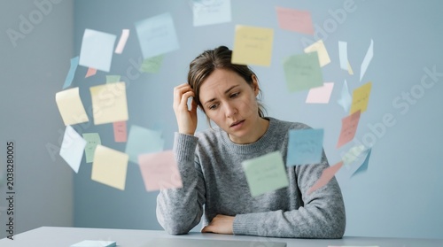 Woman sits at a desk with a stressed expression as colorful adhesive sticky notes hover around her head to symbolize an overwhelming workload and mental pressure during a busy work day.