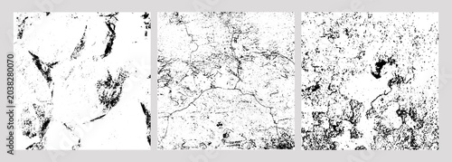 Three black-and-white panels with distinct distressed textures rough speckled surface, fine cracked lines, and irregular peeling paint pattern, abstract weathered backgrounds for design or art
